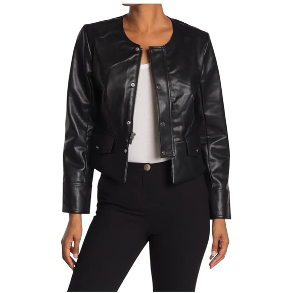T Tahari Faux Leather Snap Button Jacket Black Size 10 - Picture 1 of 5